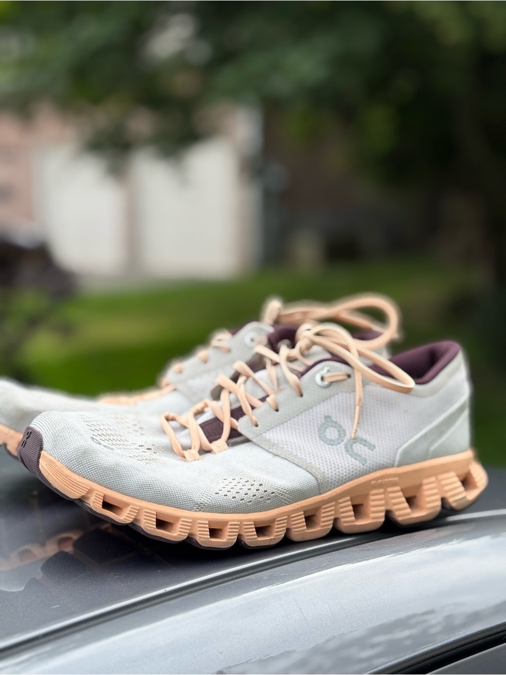On Running Women's Athletic Shoes in Light Gray and Peach
